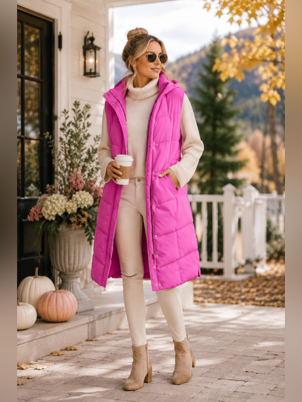 AVEC LES FILLES oversized Hooded Longline Puffer Vest – Winter Pink